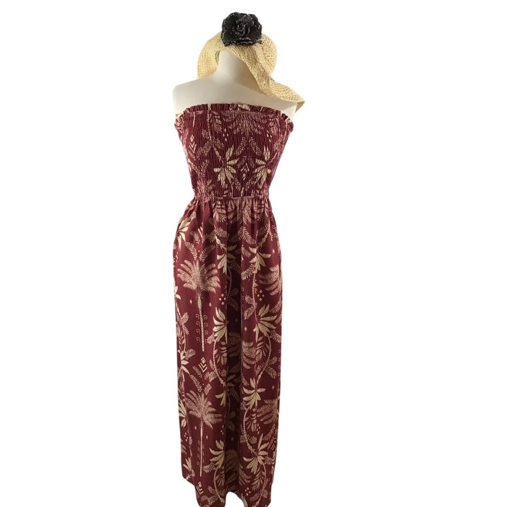 Monteau Burgundy red Strapless Dress with palm tree print M NWT